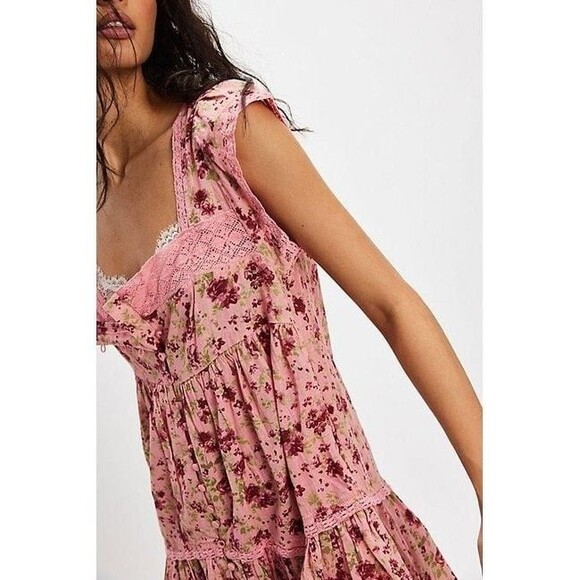 Free people Alessia Print Mini Dress Floral Flutter Sleeve Lace Cotton S 283601 - Picture 3 of 8